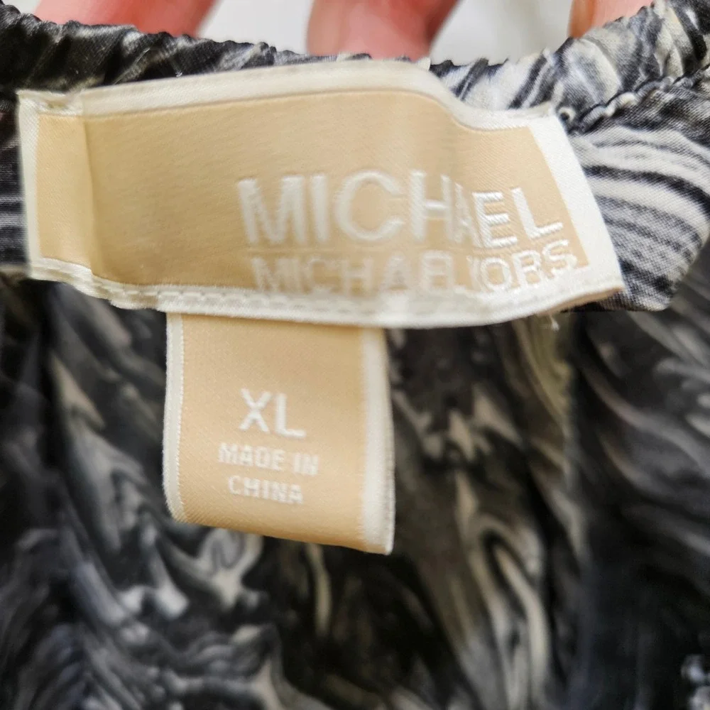 Michael Kors Blouse Top Black White Marble Print Long Sleeve Women's XL‎